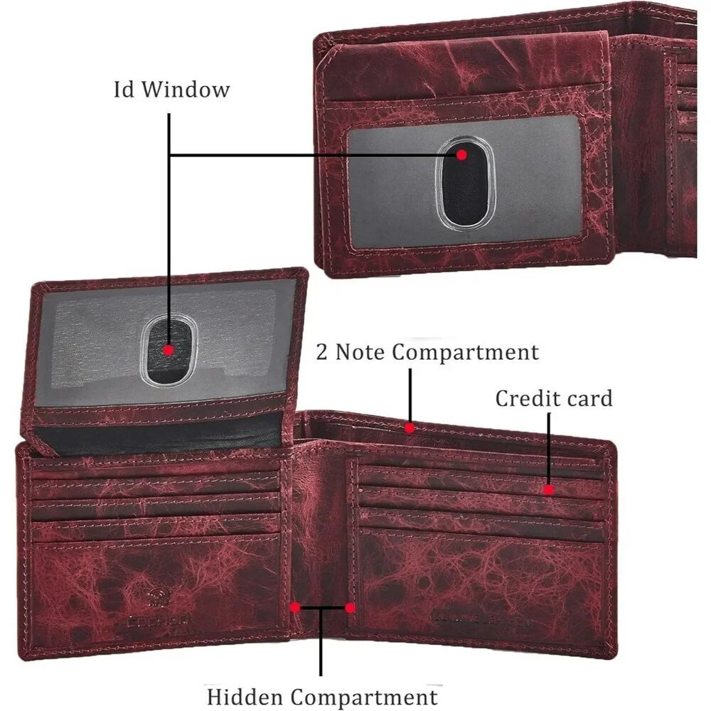 Men's Unique Metal Real Slim Dark Wine Genuine Vintage Leather Stylish Wallet